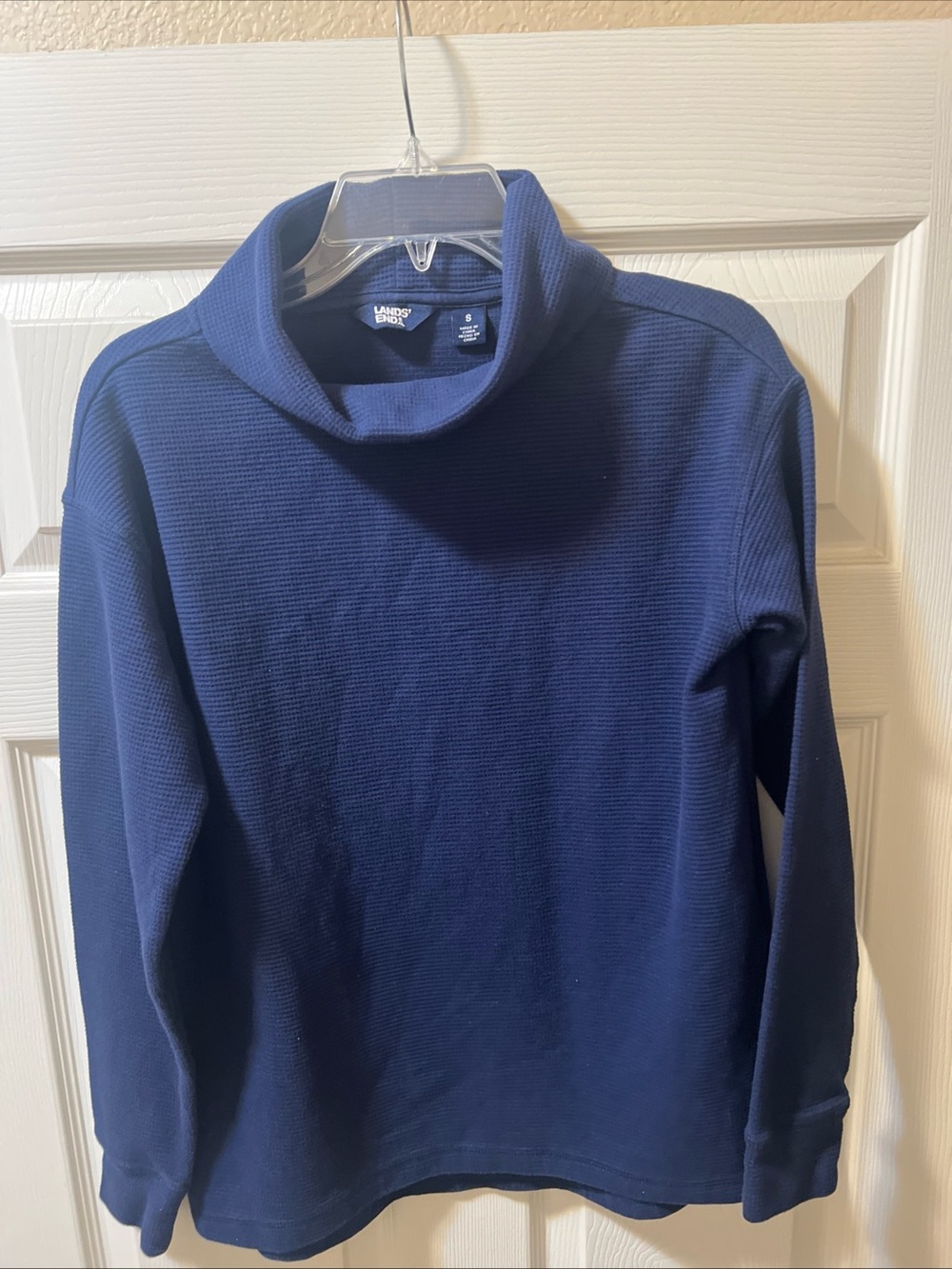 Lands End Womens Funnel Neck Top Blue Ribbed Waffle Knit Pullover Sweater Sz S
